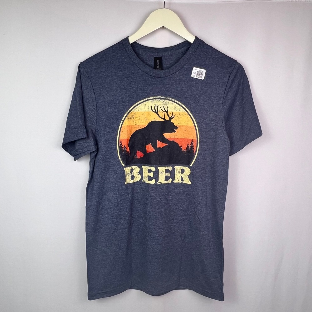 Gildan Softstyle Mens Small Heather Navy Beer Bear Antler Graphic Tee Shirt